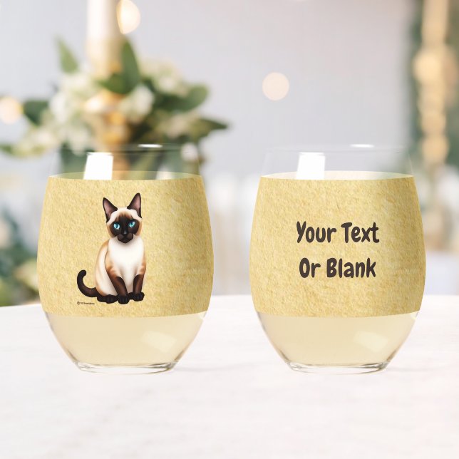 Siamese Cat On Old Paper Stemless Wine Glass (Insitu (Wedding))