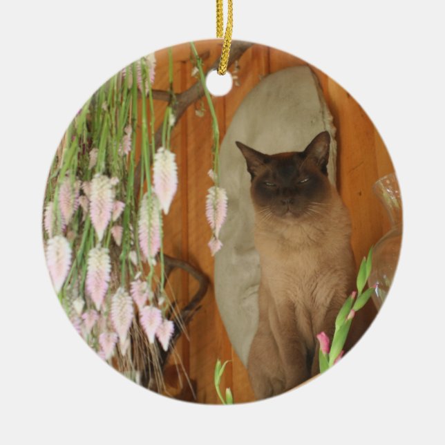 Siamese Cat On Shelf Flowers Animal Ornament (Front)