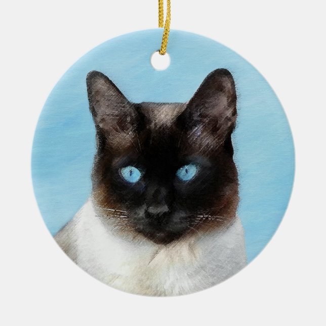 Siamese Cat Painting - Cute Original Cat Art Ceramic Tree Decoration (Front)