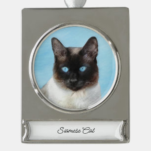 Siamese Cat Painting - Cute Original Cat Art Silver Plated Banner Ornament