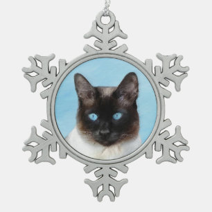 Siamese Cat Painting - Cute Original Cat Art Snowflake Pewter Christmas Ornament
