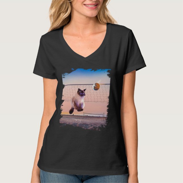 Siamese Cat Playing Beach Volleyball T-Shirt (Front)