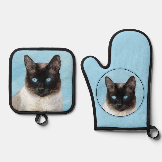 Siamese Cat Portrait Painting Cute Original Art Oven Mitt & Pot Holder Set (Front)