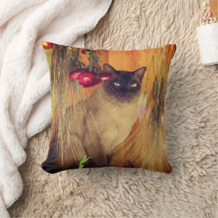 Siamese Cat Posing With Flowers Cushion