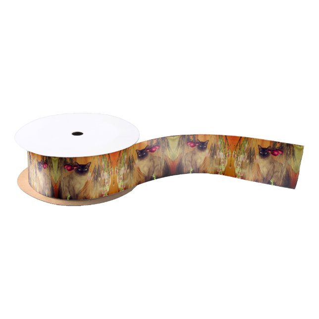 Siamese Cat Posing With Flowers Satin Ribbon (Spool)