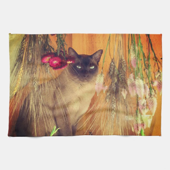 Siamese Cat Posing With Flowers Tea Towel (Horizontal)