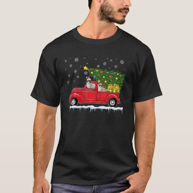 Siamese Cat Red Car Truck Christmas Tree Santa Xma T-Shirt (Front)