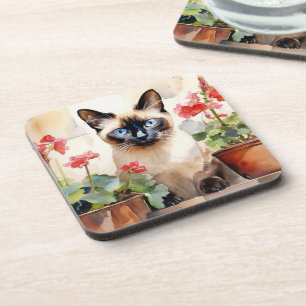 Siamese Cat Red Geranium Flowers Watercolor Pretty Coaster
