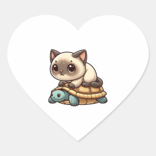 Siamese cat rides turtle heart sticker