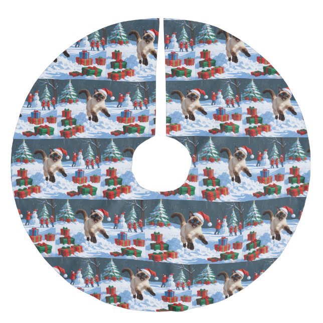 Siamese Cat Running in Snow with Christmas Hat Brushed Polyester Tree Skirt (Front)