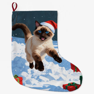 Siamese Cat Running in Snow with Christmas Hat Large Christmas Stocking