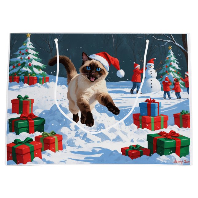 Siamese Cat Running in Snow with Christmas Hat Large Gift Bag (Front)