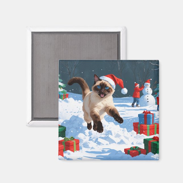 Siamese Cat Running in Snow with Christmas Hat Magnet (Front/Back)