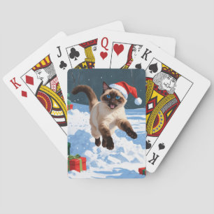 Siamese Cat Running in Snow with Christmas Hat Playing Cards