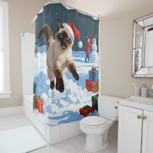 Siamese Cat Running in Snow with Christmas Hat Shower Curtain