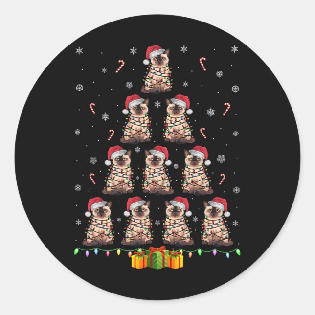 Siamese Cat Santa Hat Xmas Lights Men Women Christ Classic Round Sticker (Front)