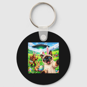 Siamese Cat Selfie with Easter Bunny Bigfoot UFO Key Ring