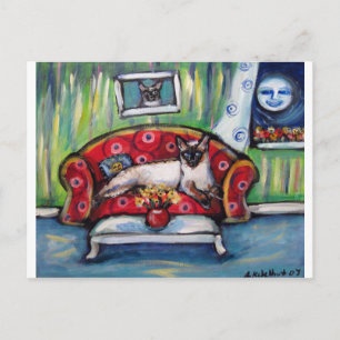 Siamese cat senses smiling moon cat painting postcard
