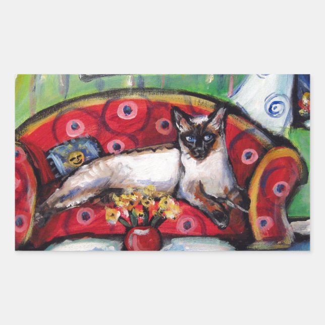Siamese cat senses smiling moon cat painting rectangular sticker (Front)
