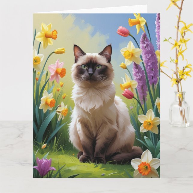 Siamese Cat Spring Flowers Painting Card (Yellow Flower)
