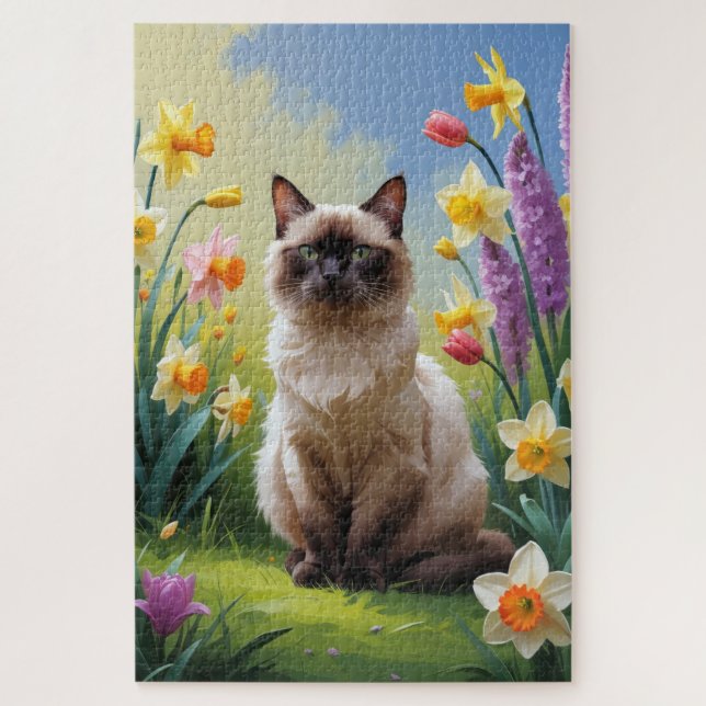 Siamese Cat Spring Flowers Painting Jigsaw Puzzle (Vertical)