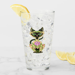 Siamese Cat Sugar Skull Glass