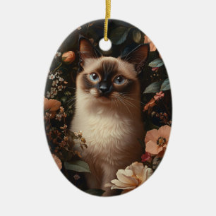 Siamese Cat Surrounded By Blush Pink Flowers Ceramic Tree Decoration