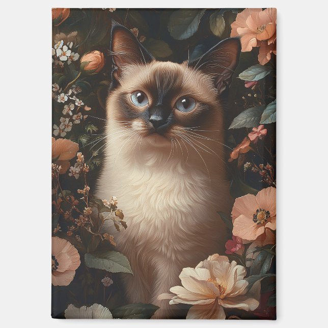 Siamese Cat Surrounded By Blush Pink Flowers Magnet (Front)