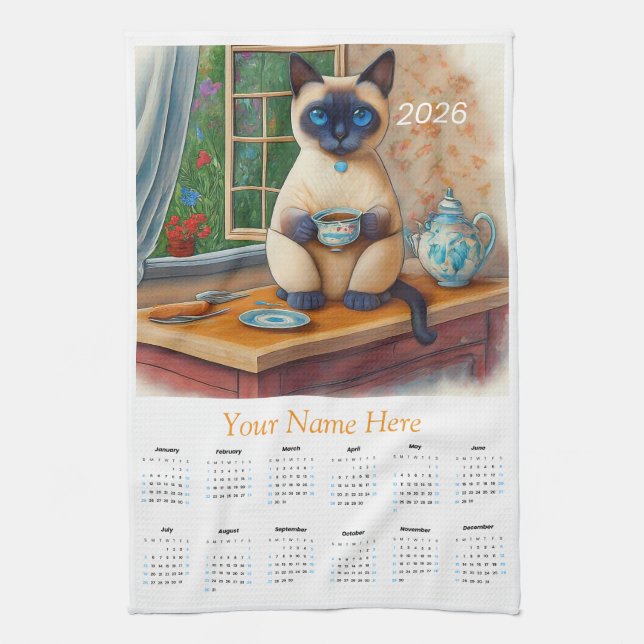 Siamese Cat Tea Time 2026 Tea Towel Calendar (Vertical)