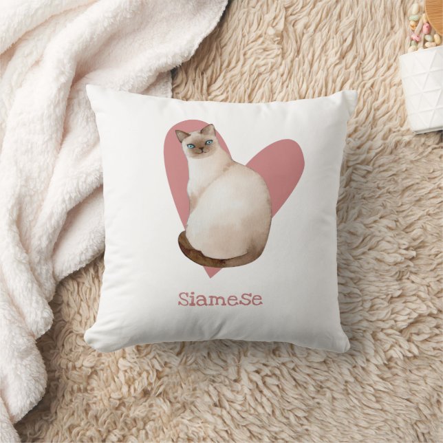 Siamese Cat Watercolor Kitty Pink Heart Cushion (Blanket)
