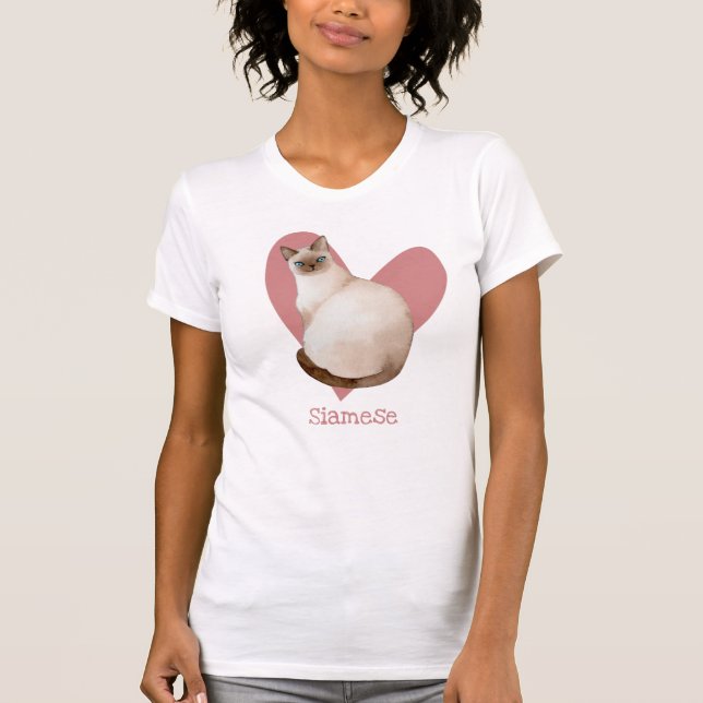 Siamese Cat Watercolor Kitty Pink Heart T-Shirt (Front)