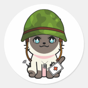 Siamese Cat Wearing army helmet Classic Round Sticker