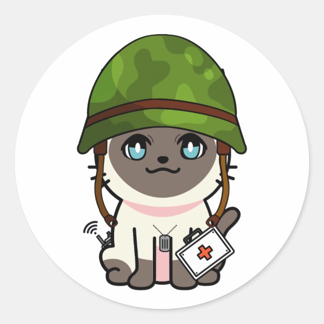 Siamese Cat Wearing army helmet Classic Round Sticker (Front)