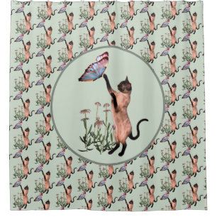 Siamese Cat With Blue Butterfly Animal Pattern  Shower Curtain