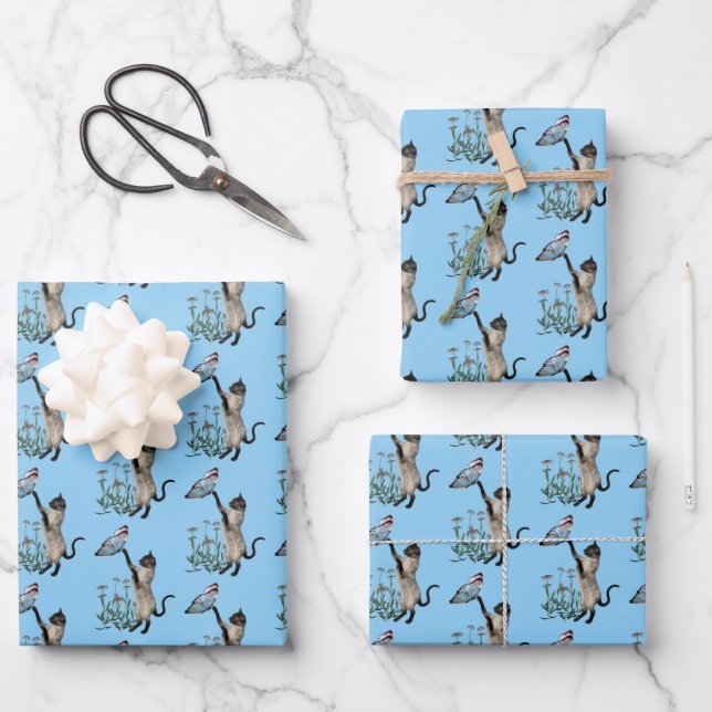 Siamese Cat With Blue Butterfly Animal Pattern Wrapping Paper Sheet (Front)