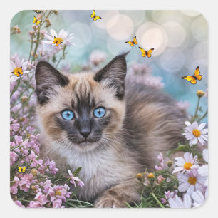 Siamese Cat with Butterflies and Flowers Square Sticker