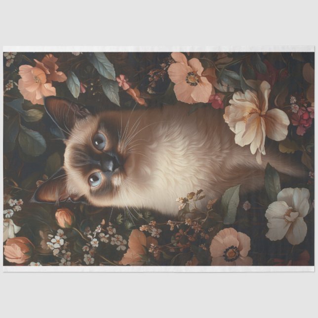 Siamese Cat with Pink Flowers Decoupage Tissue Paper (Front)
