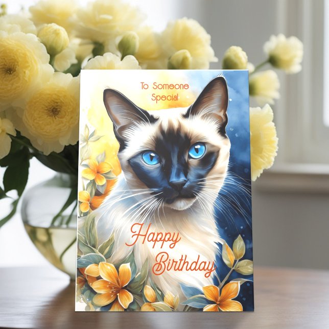 Siamese Cat with Yellow Orange Flowers Birthday Card (Front)
