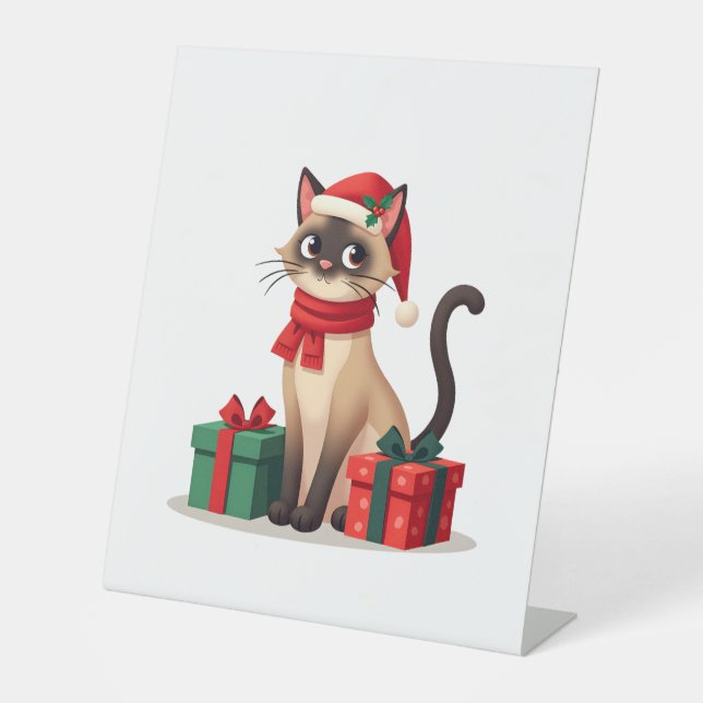 Siamese Cat Xmas Holiday Santa Siamese Cat Christm Pedestal Sign (Front)