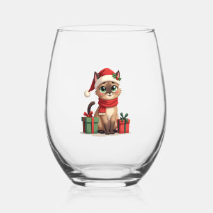 Siamese Cat Xmas Holiday Santa Siamese Cat Christm Stemless Wine Glass