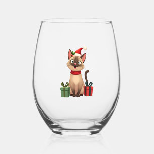 Siamese Cat Xmas Holiday Santa Siamese Cat Christm Stemless Wine Glass