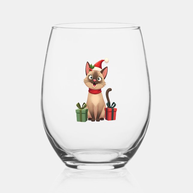 Siamese Cat Xmas Holiday Santa Siamese Cat Christm Stemless Wine Glass (Front)