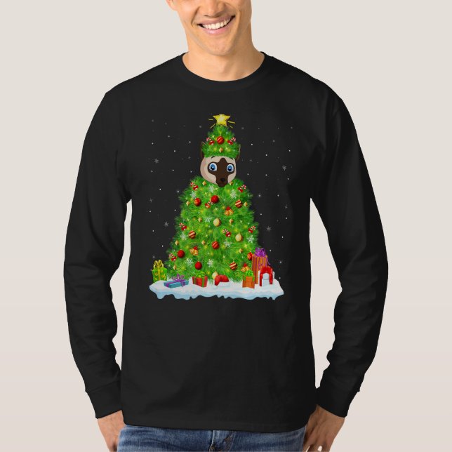 Siamese Cat Xmas Lighting Tree Funny Siamese Cat C T-Shirt (Front)
