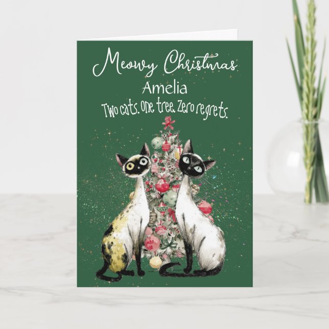 Siamese Cats In Front Of A Tree Christmas Card (Front)