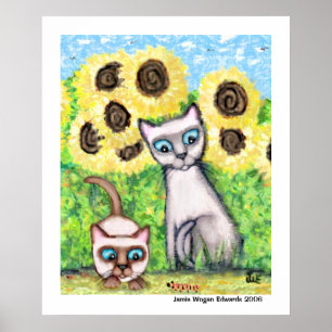 Siamese Cats With Caterpillar & Sunflowers Poster