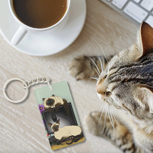 Siamese Computer Office Desk Cats Funny Mischief Key Ring