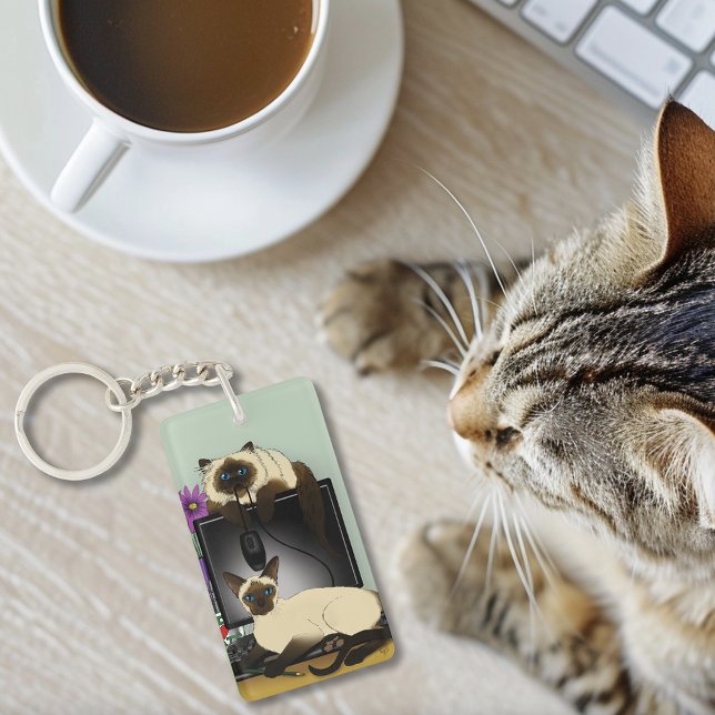 Siamese Computer Office Desk Cats Funny Mischief Key Ring (Creator Uploaded)