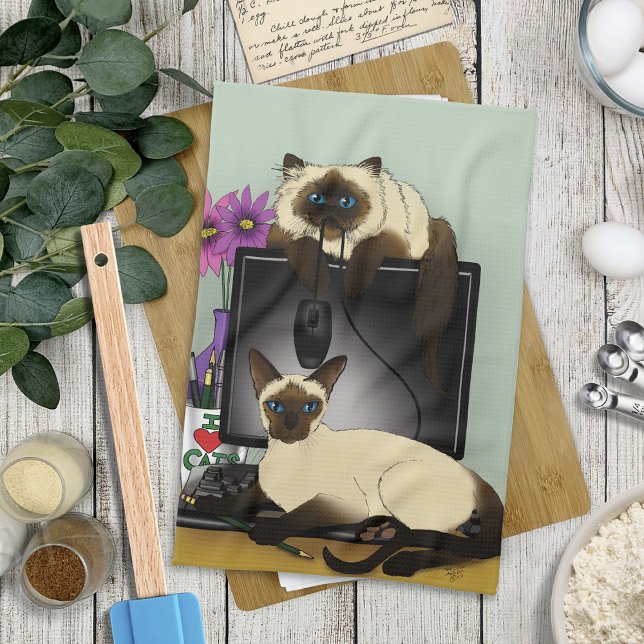 Siamese Computer Office Desk Cats Funny Mischief Tea Towel (Creator Uploaded)