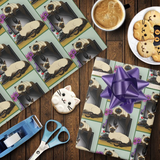 Siamese Computer Office Desk Cats Funny Mischief Wrapping Paper (Creator Uploaded)