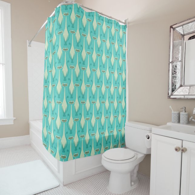 Siamese curious cat - turquoise and orange shower curtain (In Situ)